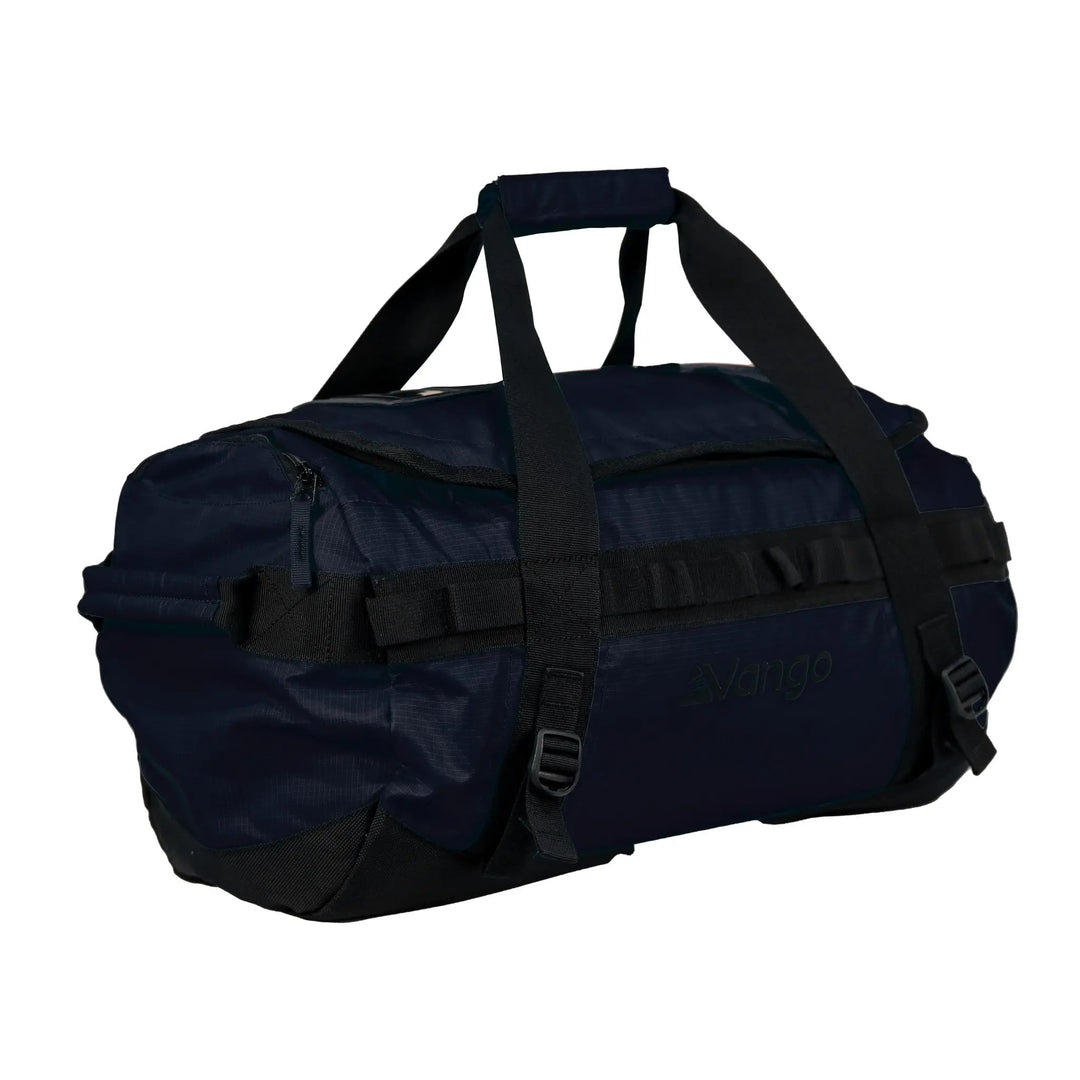 Side view of the Vango Cargo 80L travel bag in Moonlight Ocean, showing durable carry straps and sleek design.