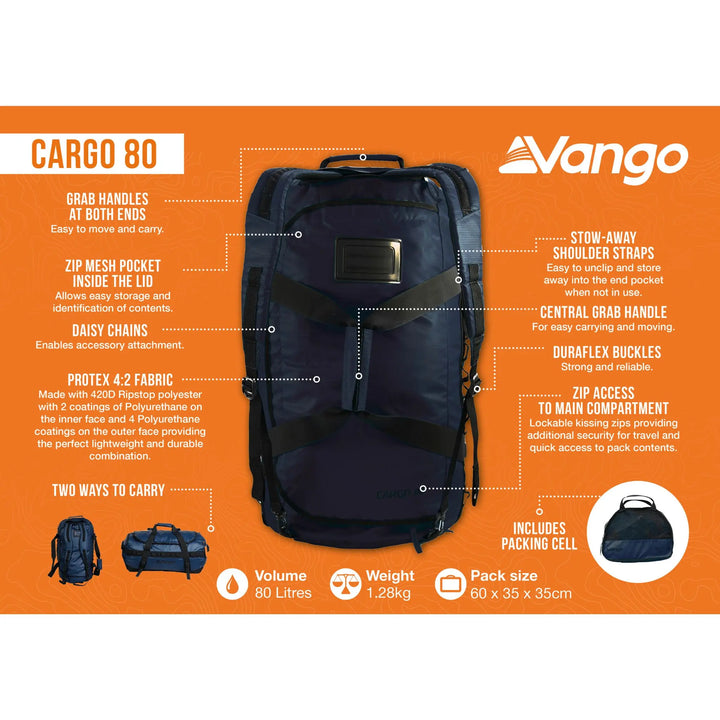 Features of the Vango Cargo 80 travel bag in Moonlit Ocean, detailing Protex 4:2 fabric, daisy chains, stow-away shoulder straps, and a packing cell for organisation.