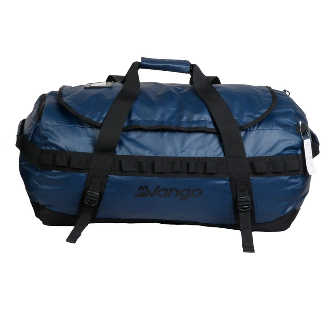 Front view of the Vango Cargo 80L travel bag in Moonlit Ocean, showing its rugged exterior and compact design for carrying essentials.