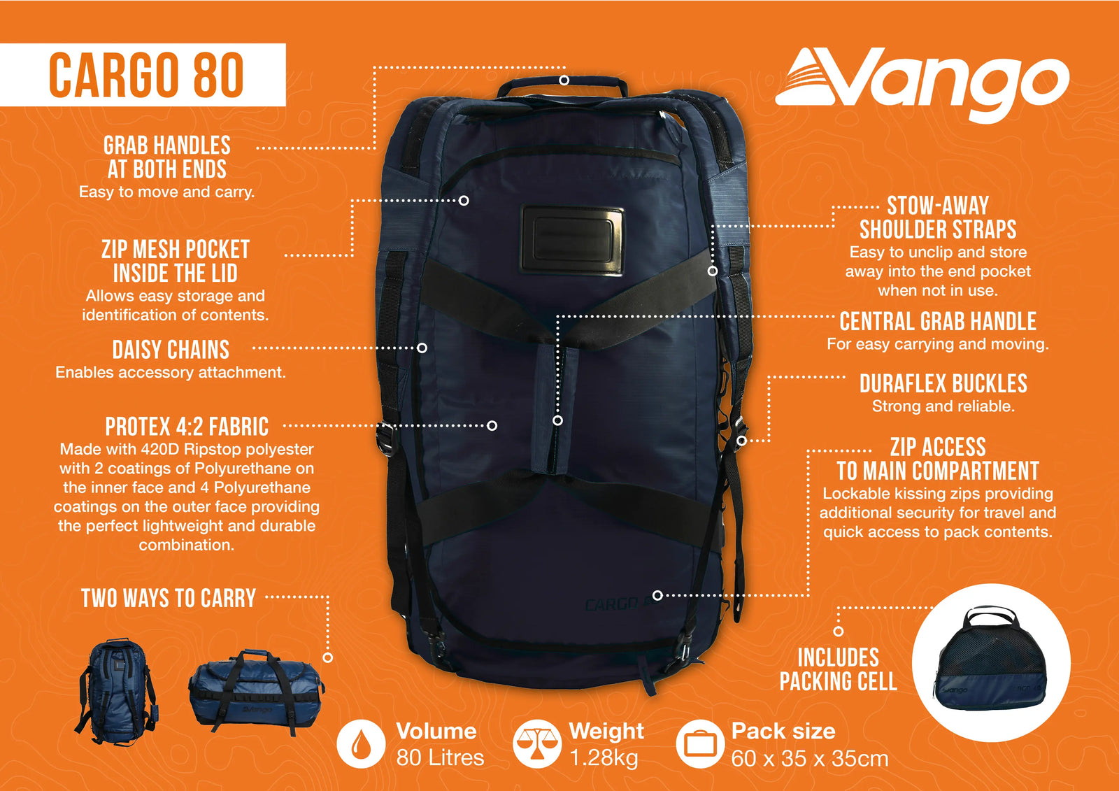 Infographic showcasing the features of the Vango Cargo 80L travel bag in Moonlight Ocean, including Protex 4:2 fabric, stow-away shoulder straps, central grab handle, Daisy chains, lockable zip access, and included packing cell. Highlights durability, 80-litre capacity, lightweight design (1.28kg), and dimensions (60 x 35 x 35cm). Perfect for travel and outdoor activities.