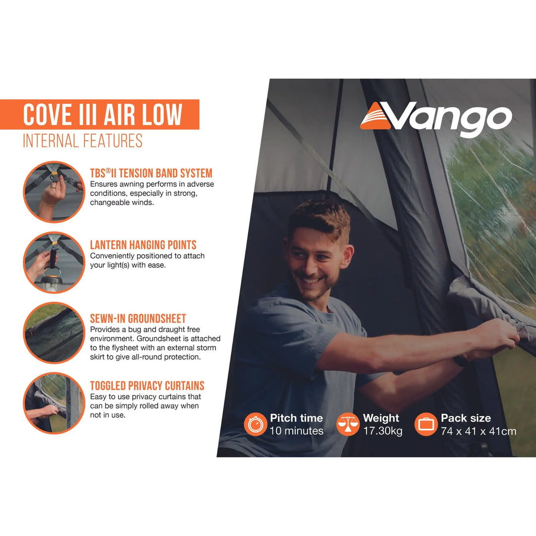 Internal features of the Vango Cove III Air Low Drive Away Awning, highlighting TBS II tension band system, lantern hanging points, sewn-in groundsheet, and privacy curtains.