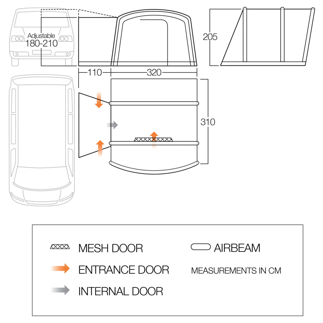 Floorplan of the Vango Cove III Air Low Drive Away Awning, detailing dimensions, door placements, and layout for users.