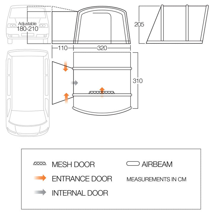 Floorplan of the Vango Cove III Air Low Drive Away Awning, detailing dimensions, door placements, and layout for users.