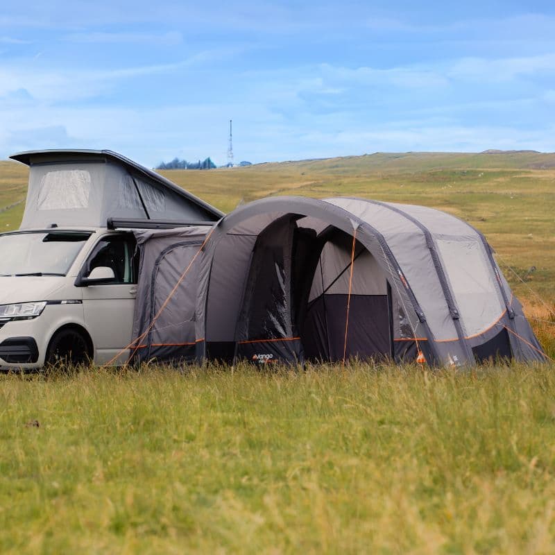 Vango Cove III Air Low Drive Away Awning attached to VW Campervan