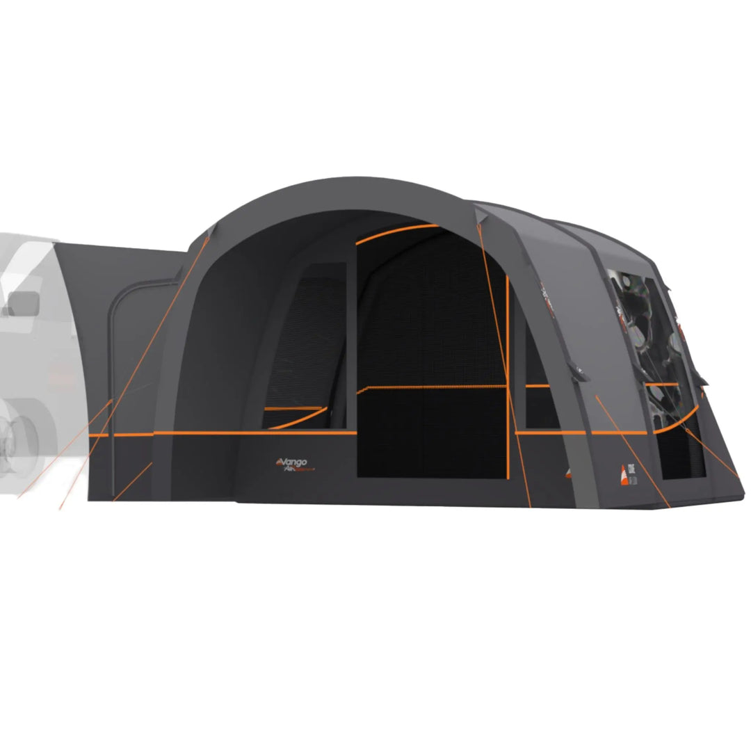 Side view of the Vango Cove III Air Low Drive Away Awning, attached to a campervan, highlighting its pre-angled beams and modern design.