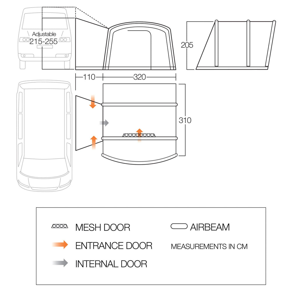 Floorplan layout of the Vango Cove III Air Mid Drive Away Awning, showing its spacious dimensions, including adjustable tunnel attachment for campervans and motorhomes, and AirBeam® inflatable structure.