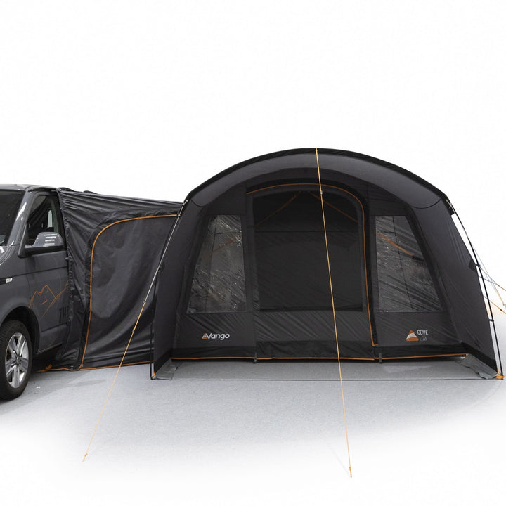 Front view of the Vango Cove III Low drive away awning with the campervan connection tunnel visible, suitable for VW campervans.