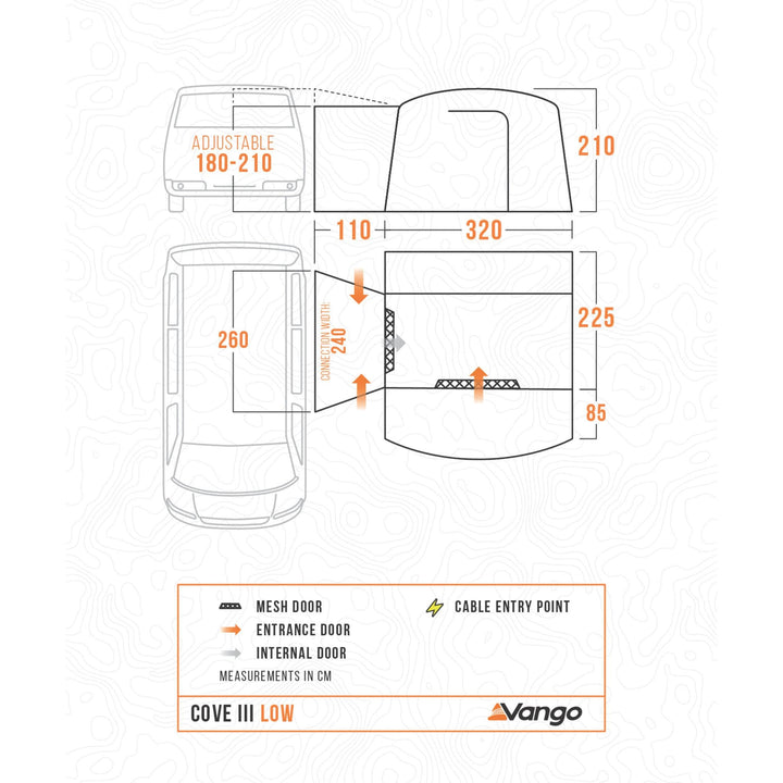 Floorplan diagram of the Vango Cove III Low drive away awning, displaying internal layout dimensions and entry points for campervans.