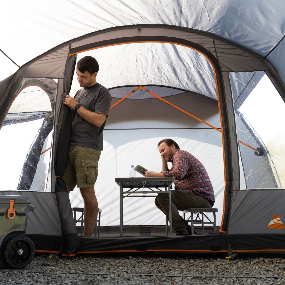 Open entrance of the Vango Cove III Low drive away awning, providing a easy entrance to the awning, highlighting its versatility for VW campervan setups.