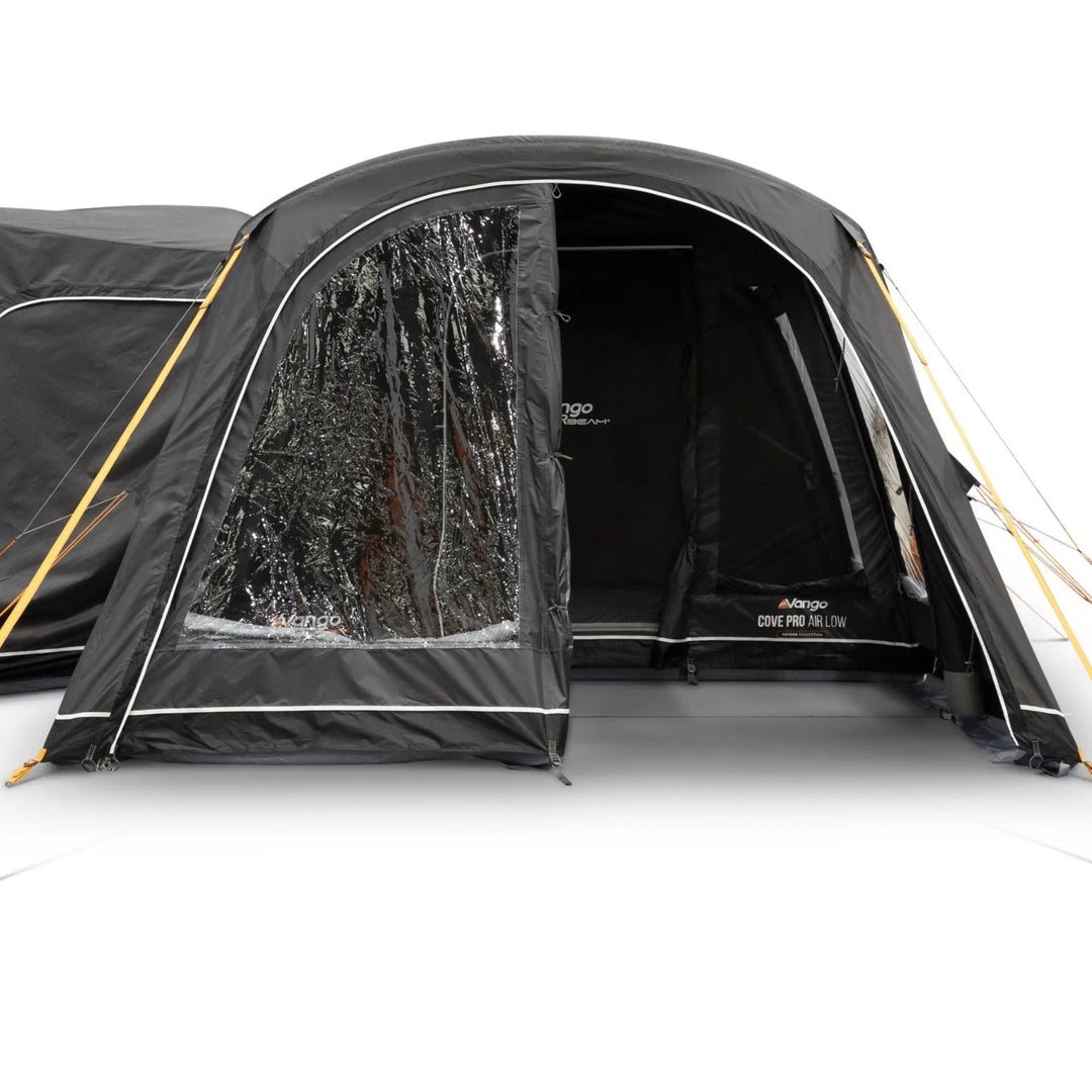 Front view of the Vango Cove Pro Air Low Drive Away Awning one half of the front door open.