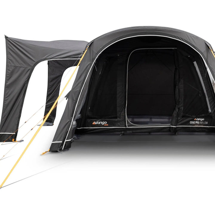 Front view of the Vango Cove Pro Air Low Drive Away Awning with front door and tunnel door open.