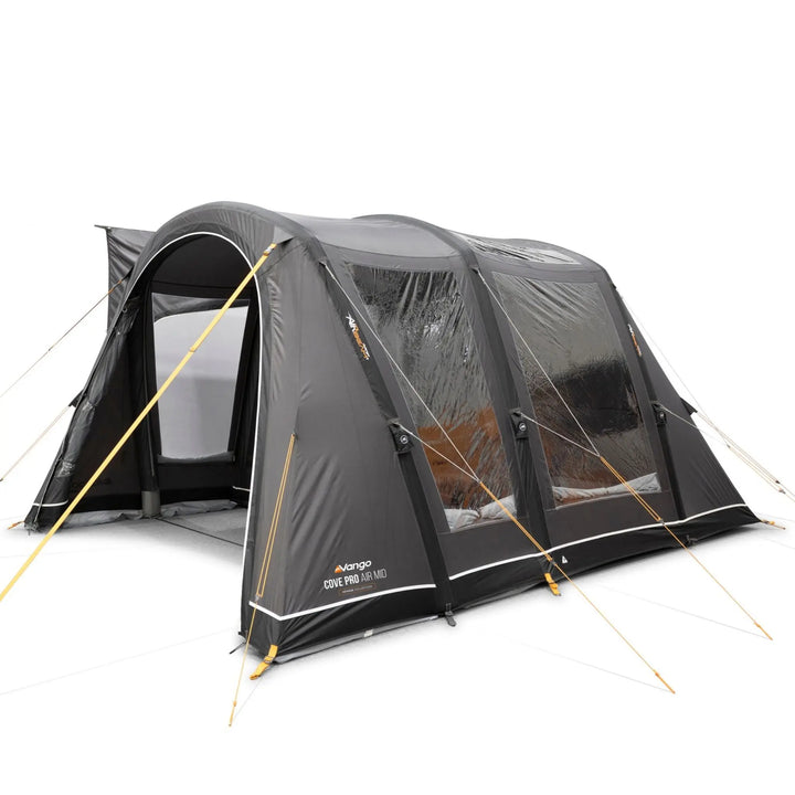 Corner view of the Vango Cove Pro Air Mid Drive-Away Awning with front door open.