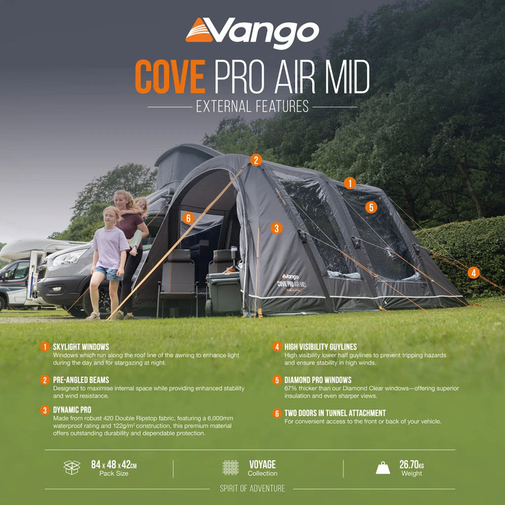 A promotional infographic for the Vango Cove Pro Air Mid External Features, showing a dark gray camping tent pitched on grass with numbered callouts and text describing features like cyclone windows, pre-angled beams, and diamond window PRO systems. A family is standing in front of the tent, and a car is parked on the left, so this is a Lifestyle image rather than a clean Product/Packaging shot.