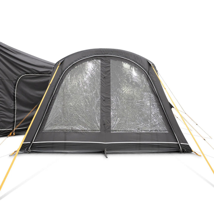 Front view of the Vango Cove Pro Air Mid Drive-Away Awning with front door and curtains closed.