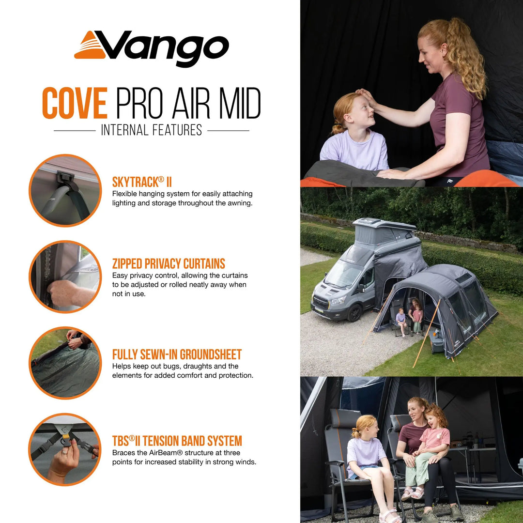 Promotional graphic for the Vango Cove Pro Air Mid awning, featuring product details on the left and lifestyle photos of a woman and children using the awning on the right. The graphic highlights features like Skytrack II, zipped privacy curtains, a fully sewn-in groundsheet, and the TSB II tension band system.