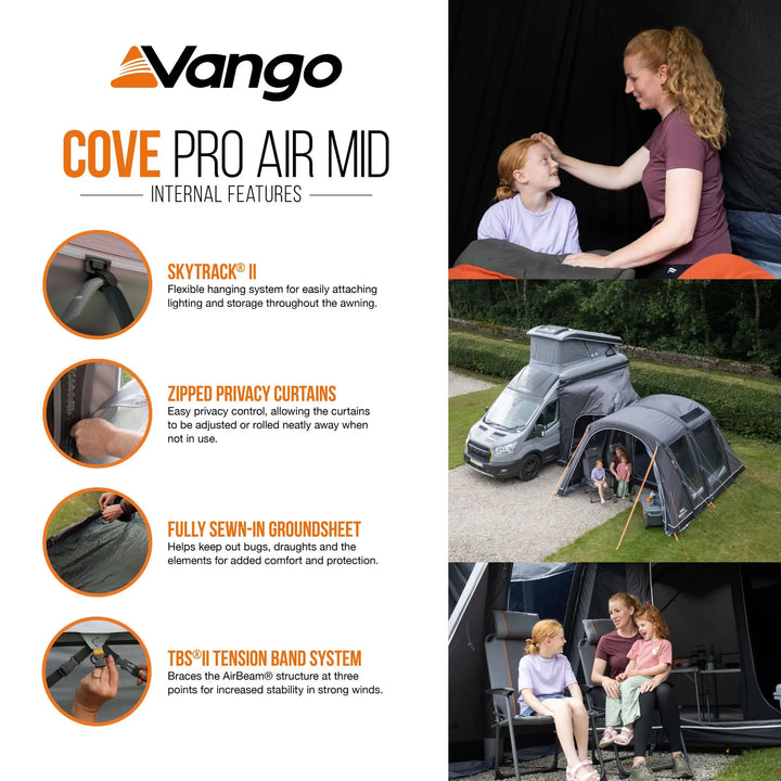 Promotional graphic for the Vango Cove Pro Air Mid awning, featuring product details on the left and lifestyle photos of a woman and children using the awning on the right. The graphic highlights features like Skytrack II, zipped privacy curtains, a fully sewn-in groundsheet, and the TSB II tension band system.