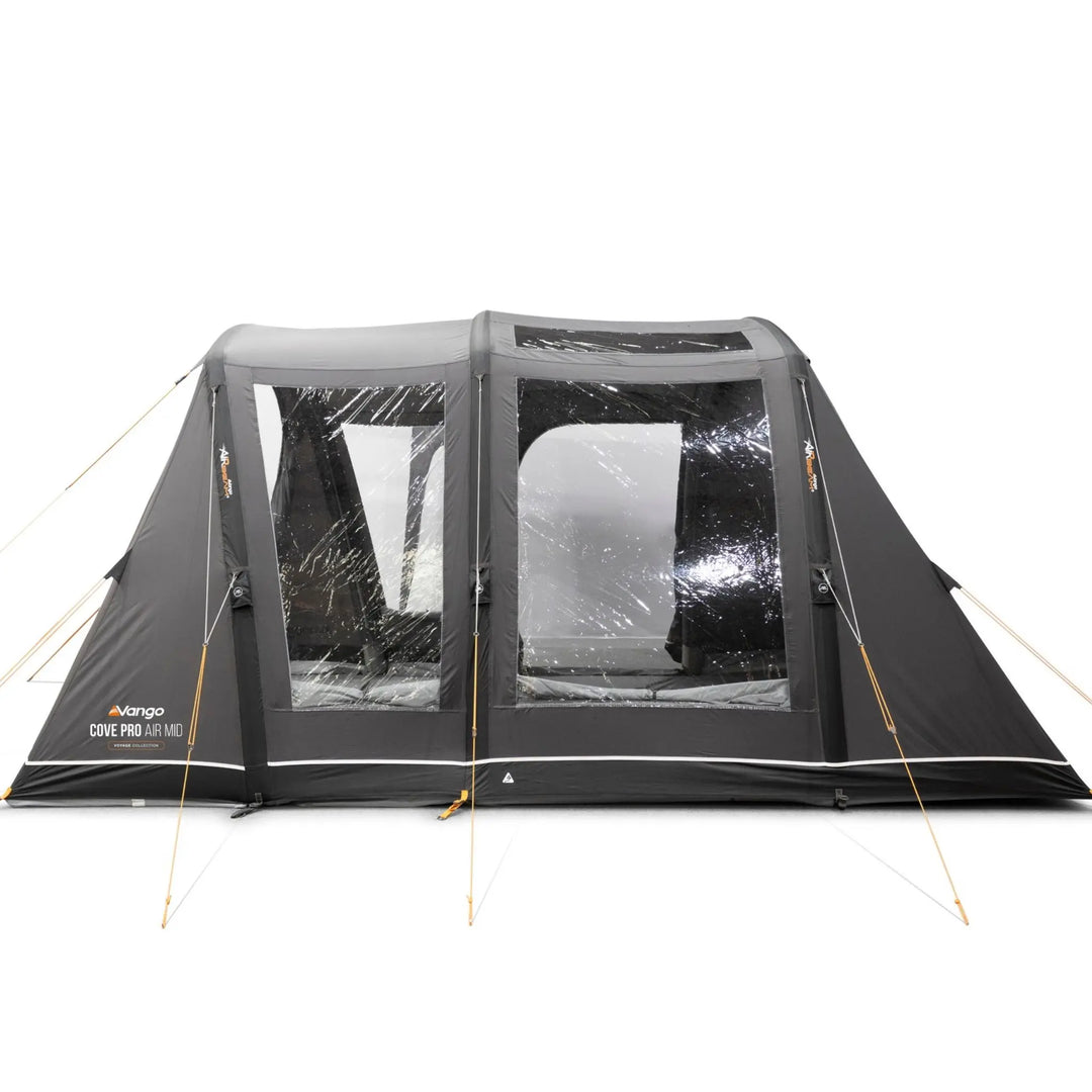 Side view of the Vango Cove Pro Air Mid Drive-Away Awning with curtains open showing the internal living space.