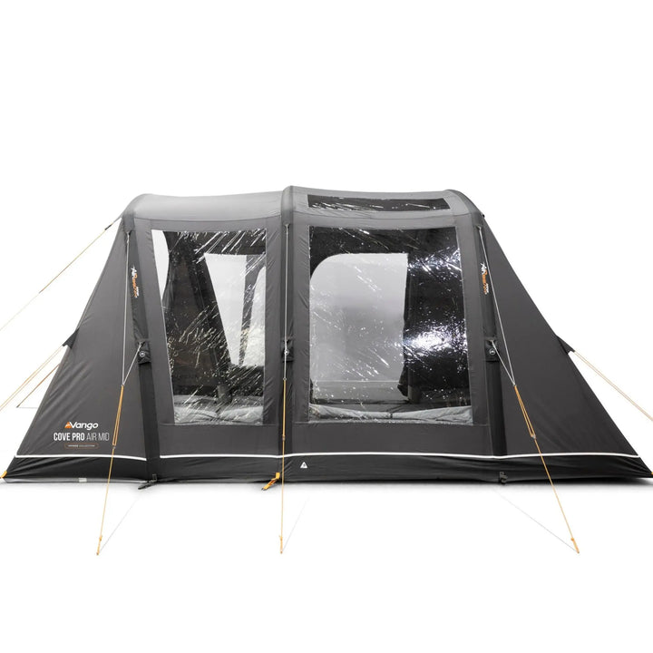 Side view of the Vango Cove Pro Air Mid Drive-Away Awning with curtains open showing the internal living space.