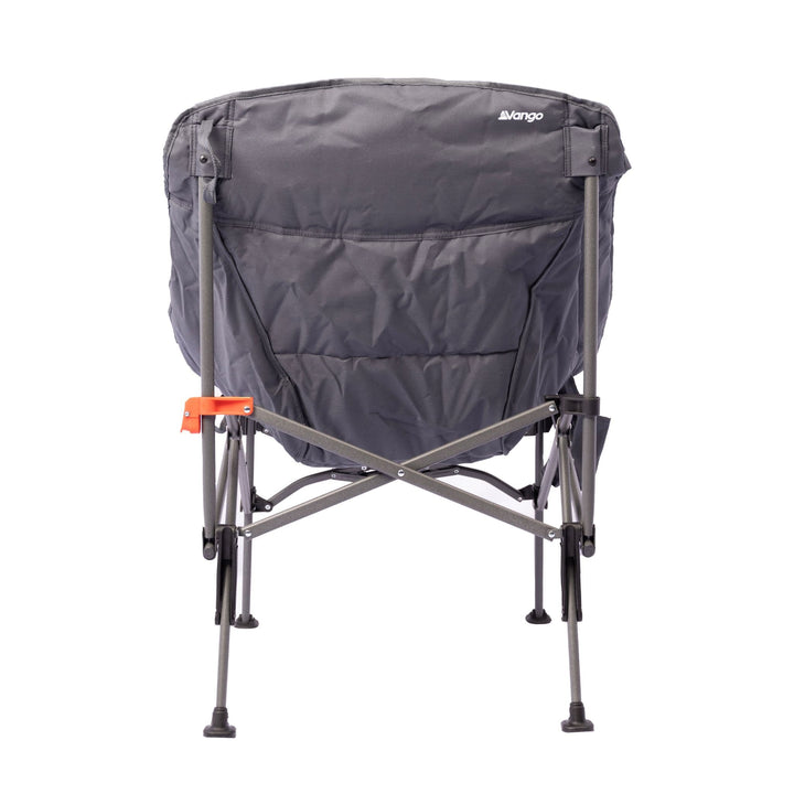 Back view of the Vango Crater Camping Chair with the Vango logo on durable fabric, highlighting its folding camping chair frame.