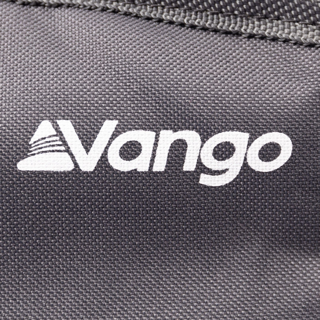 Close-up of the Vango logo on the Vango Crater Camping Chair's durable grey fabric