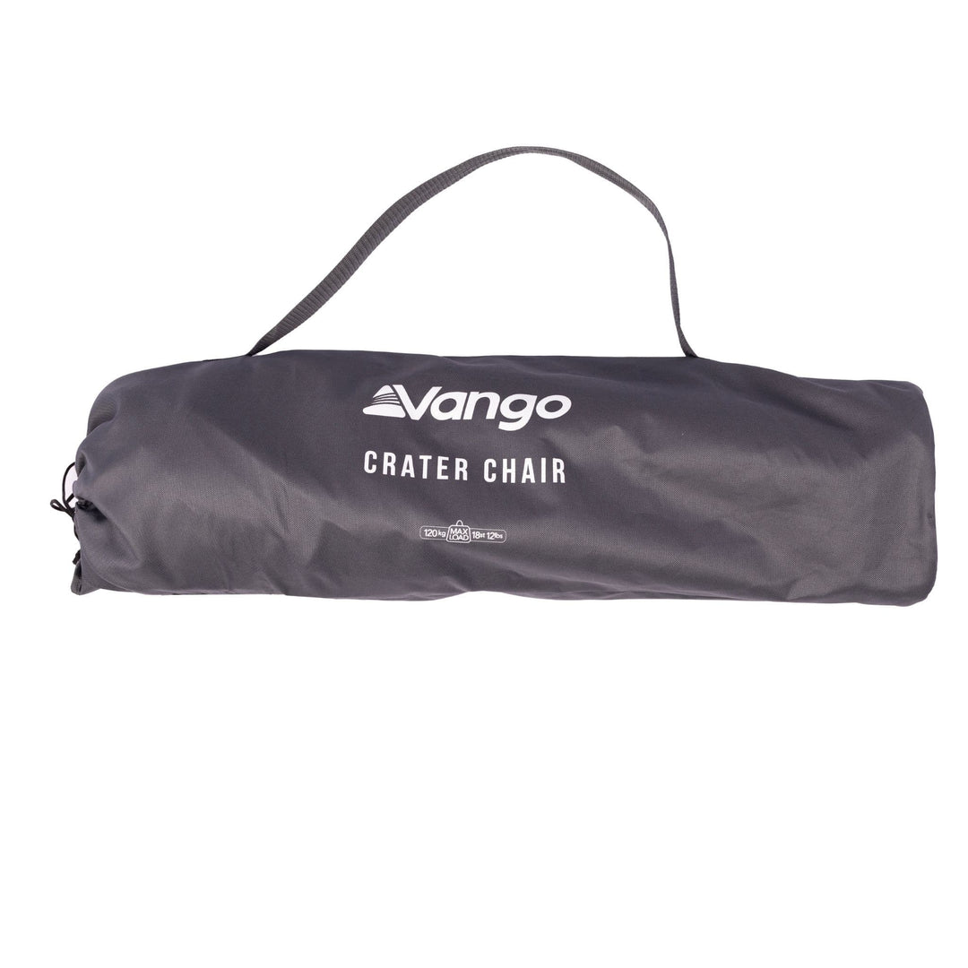 Vango Crater Camping Chair in its black carry bag with Vango branding, a lightweight and folding camping chair for travel.