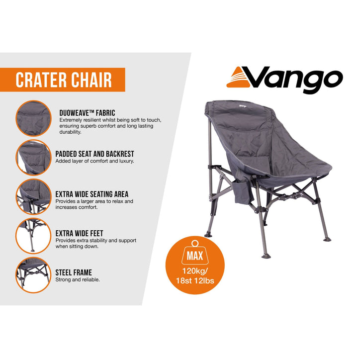 Vango Crater Camping Chair infographic highlighting features like Duoweave fabric, padded seat, wide feet, and a strong steel frame for camping comfort.