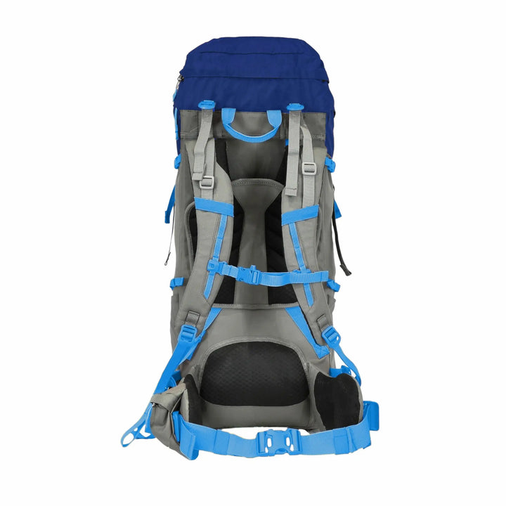 Back panel of the Vango Denali Pro 60:70 rucksack displaying the adjustable A1 back system for personalised comfort during DofE activities.