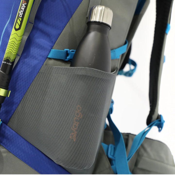 Detailed close-up of the side pocket on the Vango Denali Pro 60:70, ideal for holding water bottles during hiking.