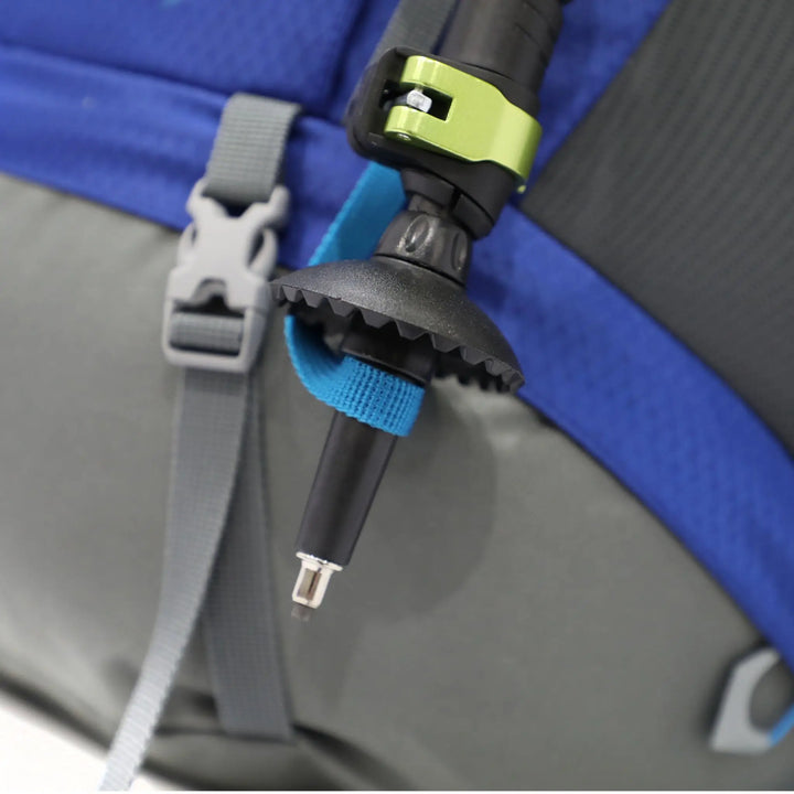 Close-up of a trekking pole attached to the Vango Denali Pro 60:70 rucksack, highlighting its secure attachment system for hiking gear.