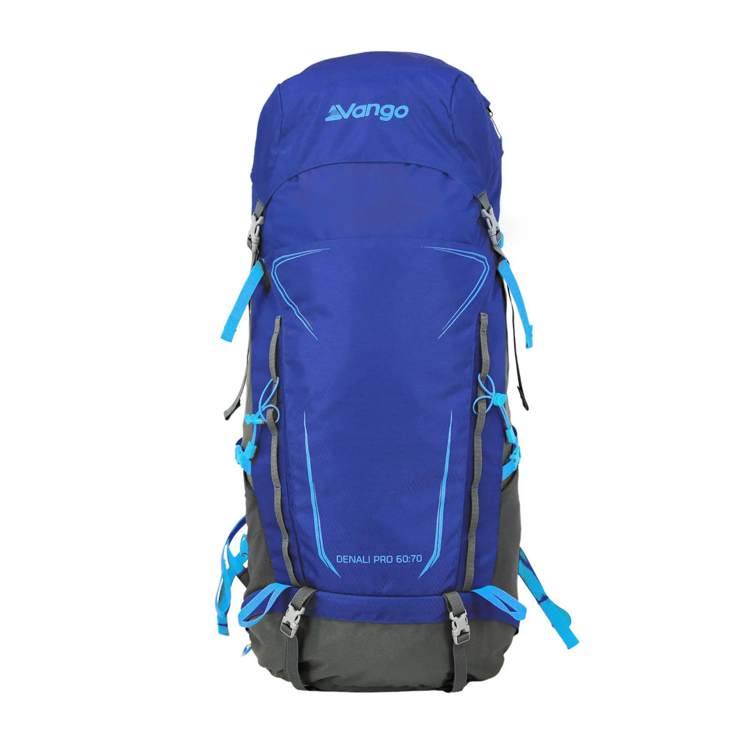 Full front view of the Vango Denali Pro 60:70 rucksack, showcasing its spacious compartments and iconic Classic Blue design for hiking and DofE participants.