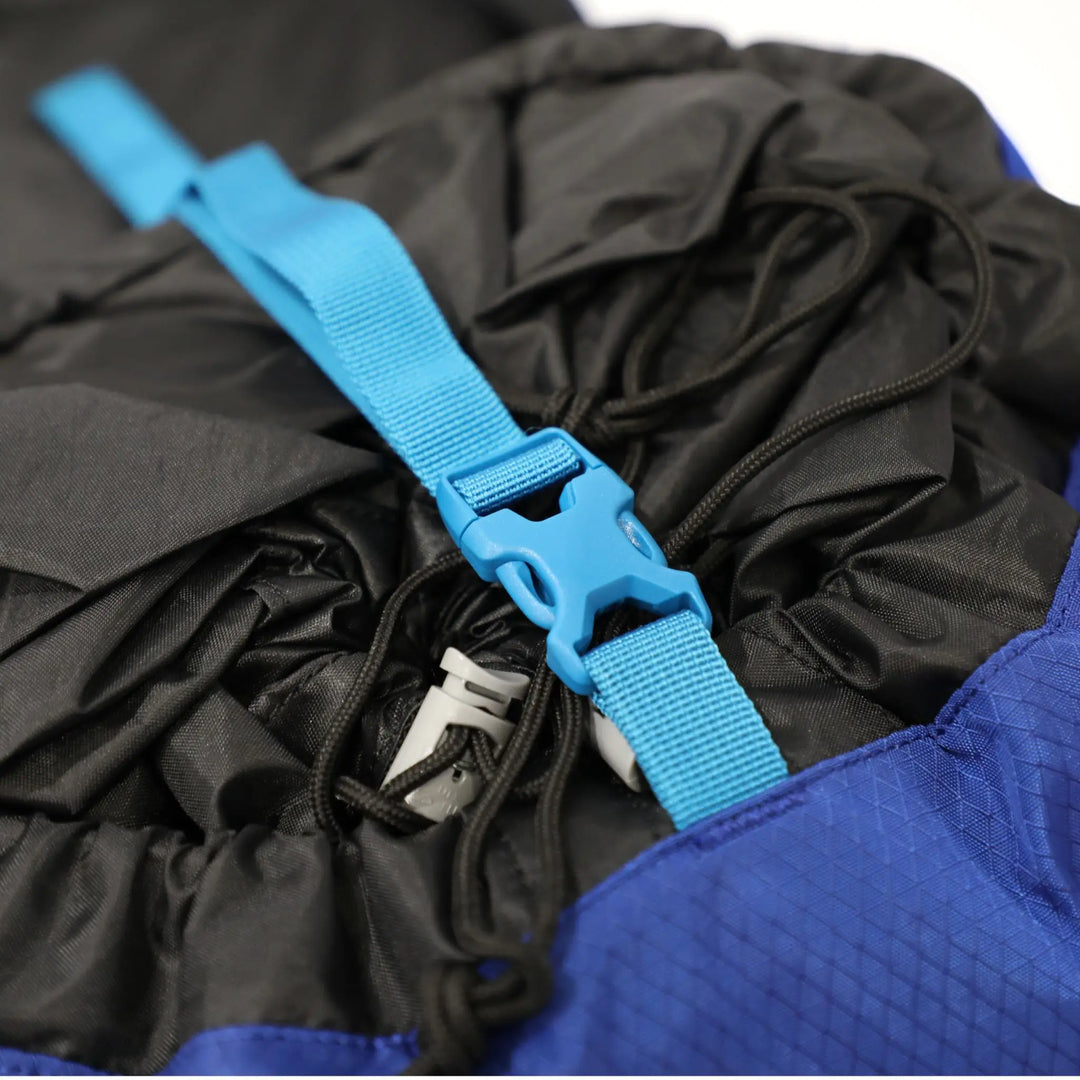 Drawstring opening of the Vango Denali Pro 60:70 rucksack showing secure buckles and ample storage for DofE gear.