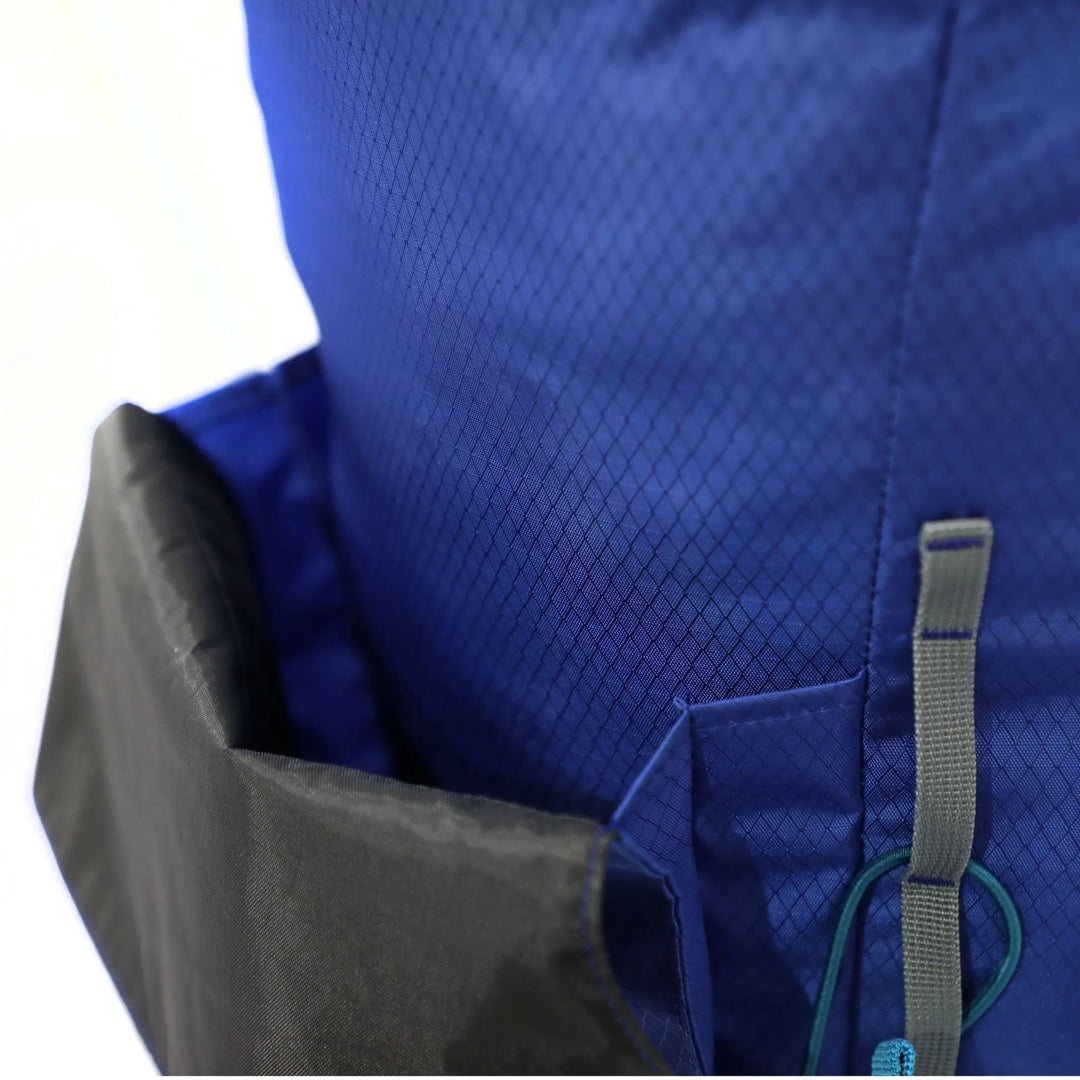 View of the Vango Denali Pro 60:70 rucksack front compartment, showcasing its spacious compartments and iconic Classic Blue design for DofE participants.