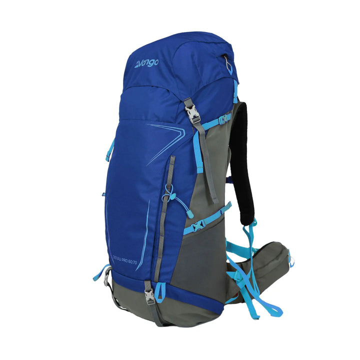 Side view of the Vango Denali Pro 60:70 rucksack showcasing reflective detailing and secure strap attachments for DofE adventures.