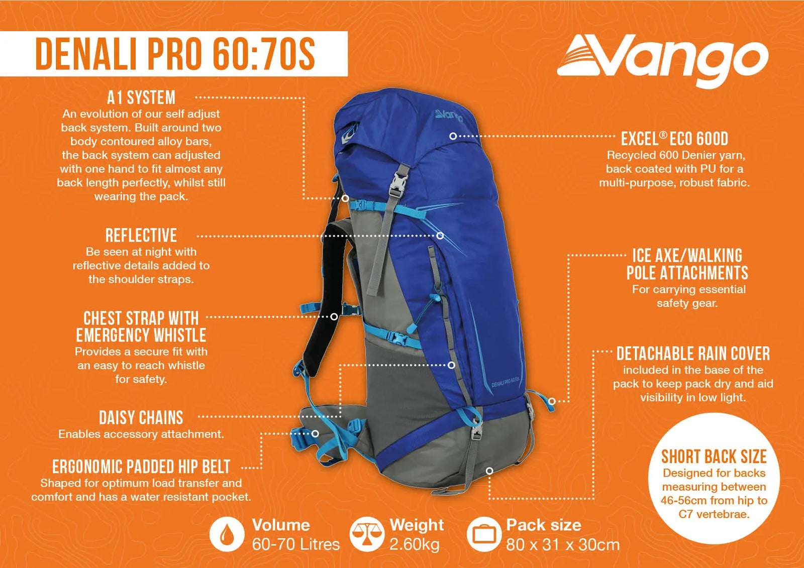 Infographic highlighting the features of the Vango Denali Pro 60:70S rucksack, including its adjustable back system, detachable rain cover, and walking pole attachments, perfect for DofE participants.