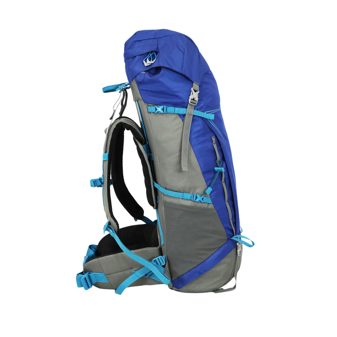 Profile of the Vango Denali Pro 60:70S DofE rucksack, highlighting the side compartments and Single Adjust Back System.