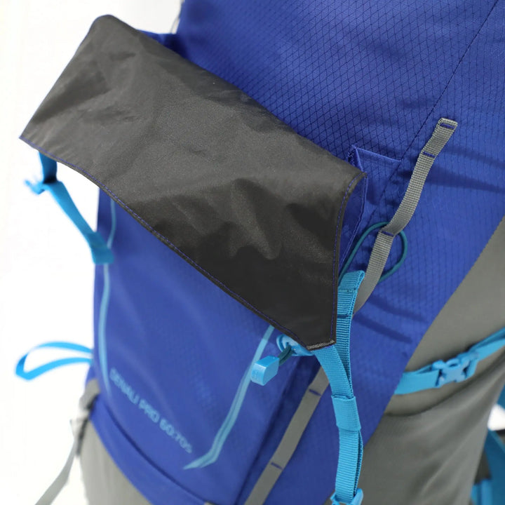 Side view of the Vango Denali Pro 60:70S rucksack with trekking pole attachment and water bottle pocket, great for DofE requirements.