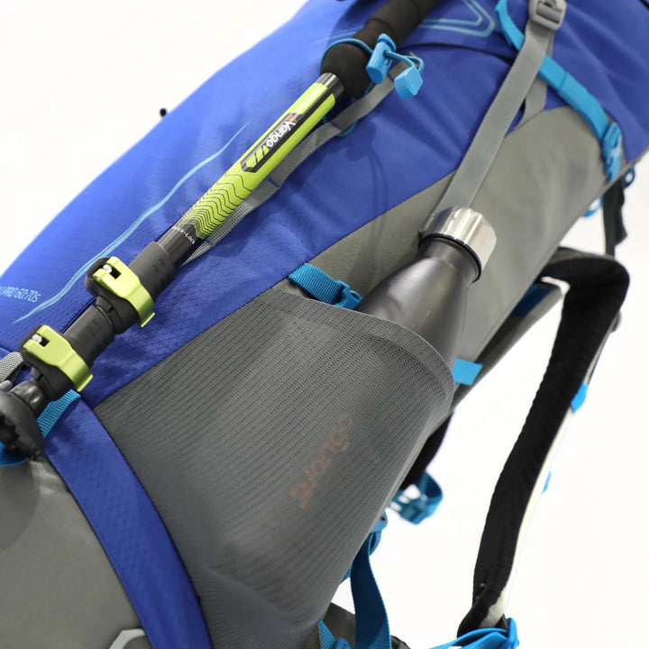 Close-up of trekking pole attachment on the Vango Denali Pro 60:70S rucksack, a key feature for DofE trekking trips.