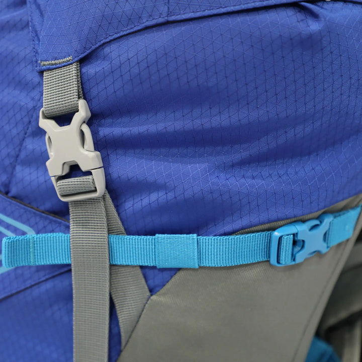 Close-up of the Vango Denali Pro 60:70S rucksack in classic blue, featuring a durable buckle and strap, ideal for DofE expeditions.