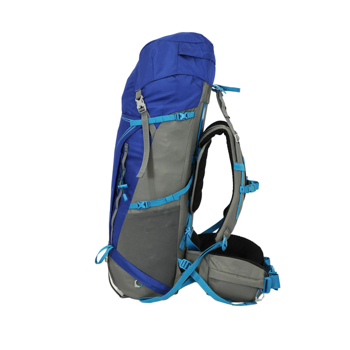 Full side view of the Vango Denali Pro 60:70S rucksack in classic blue and grey, suitable for Duke of Edinburgh expeditions.