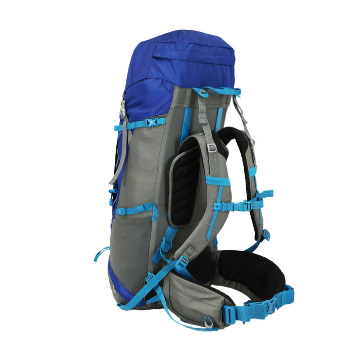 Angled rear view of the Vango Denali Pro 60:70S DofE rucksack, showing the load distribution straps and durable fabric.