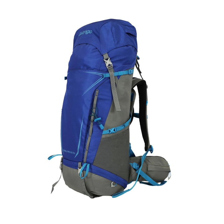 Detailed view of the Vango Denali Pro 60:70S rucksack front, highlighting storage compartments and durable zippers.