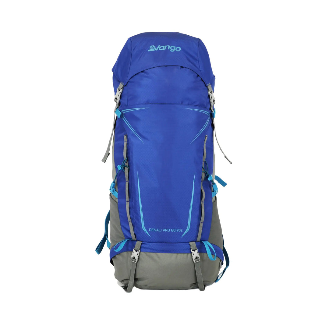 Front view of the Vango Denali Pro 60:70S rucksack front, highlighting storage compartments and durable zippers.