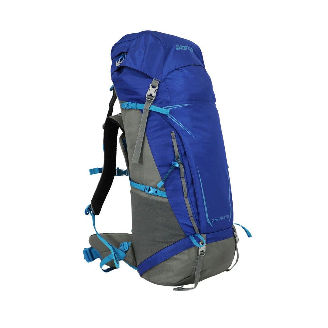 Side view of the Vango Denali Pro 60:70S DofE rucksack in classic blue and grey, showcasing its adjustable straps and durable design.