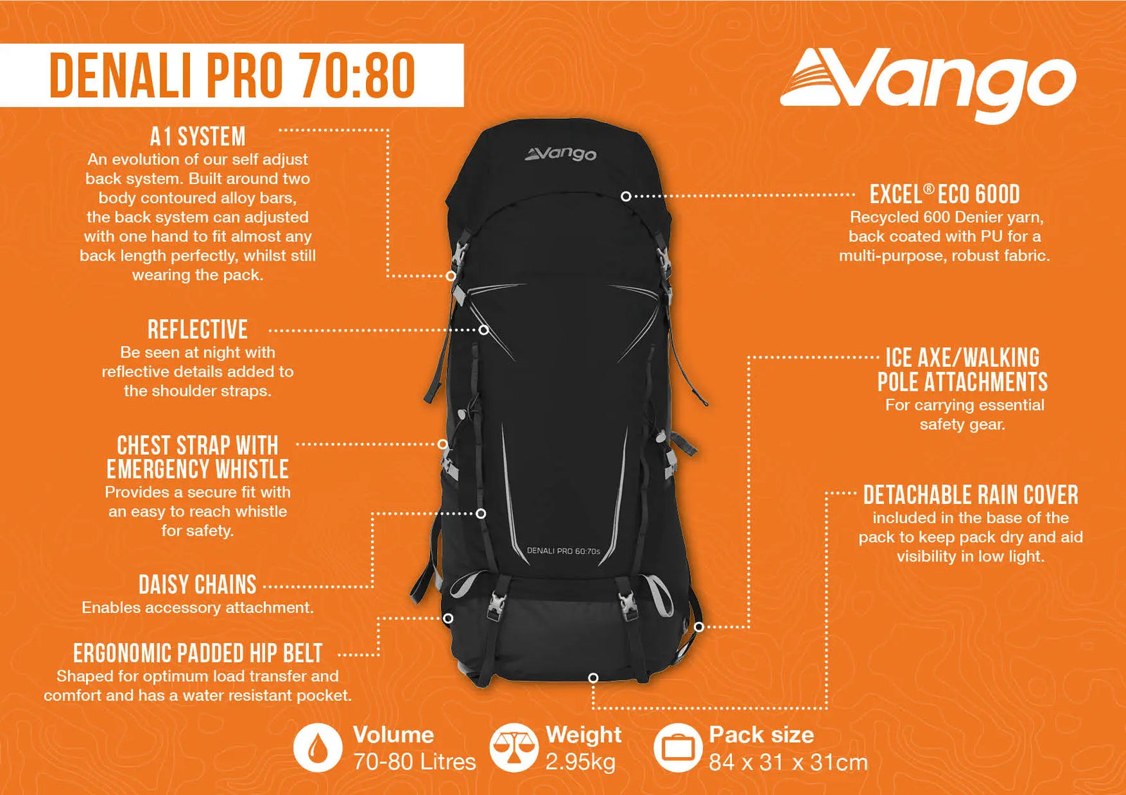 Infographic highlighting the features of the Vango Denali Pro 70:80 rucksack (black), including A1 back system, reflective details, emergency whistle, ergonomic padded hip belt, and attachments for hiking gear, ideal for DofE expeditions and hiking.