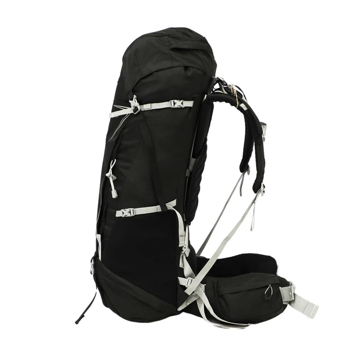 Side profile of the Vango Denali Pro 70:80 hiking rucksack with multiple gear loops and spacious compartments.