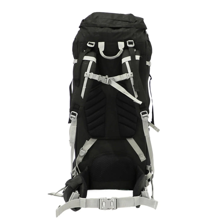 Detailed back view of the Vango Denali Pro 70:80 rucksack, highlighting ergonomic padding and chest straps for hiking comfort.