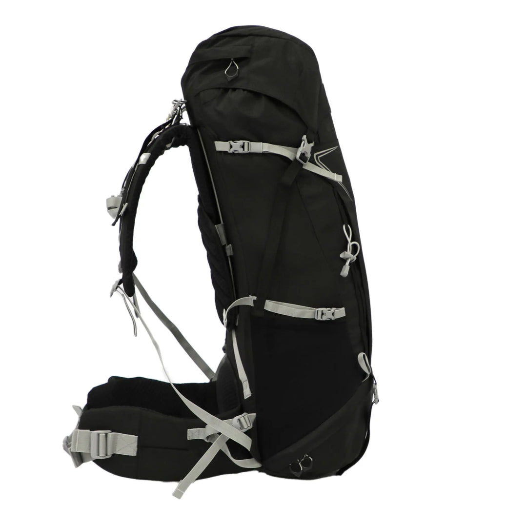 Side view of the Vango Denali Pro 70:80 hiking rucksack in black, ideal for DofE expeditions and multi-day treks.