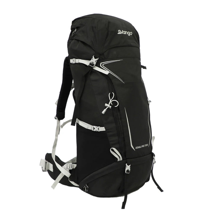 Angled front view of the Vango Denali Pro 70:80 hiking rucksack in black, ideal for DofE expeditions and multi-day treks.