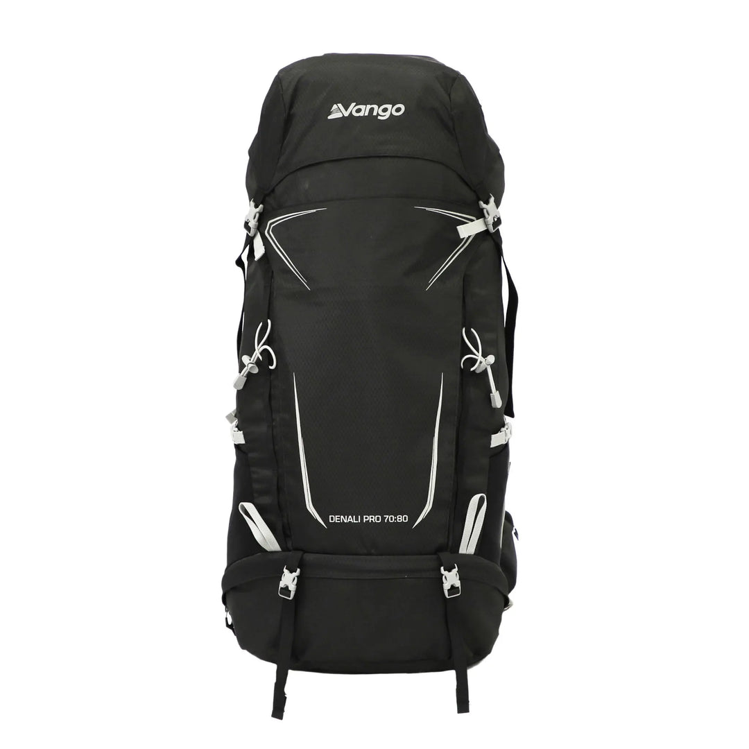 Front view of the Vango Denali Pro 70:80 Rucksack in black, designed for DofE expeditions and hiking.