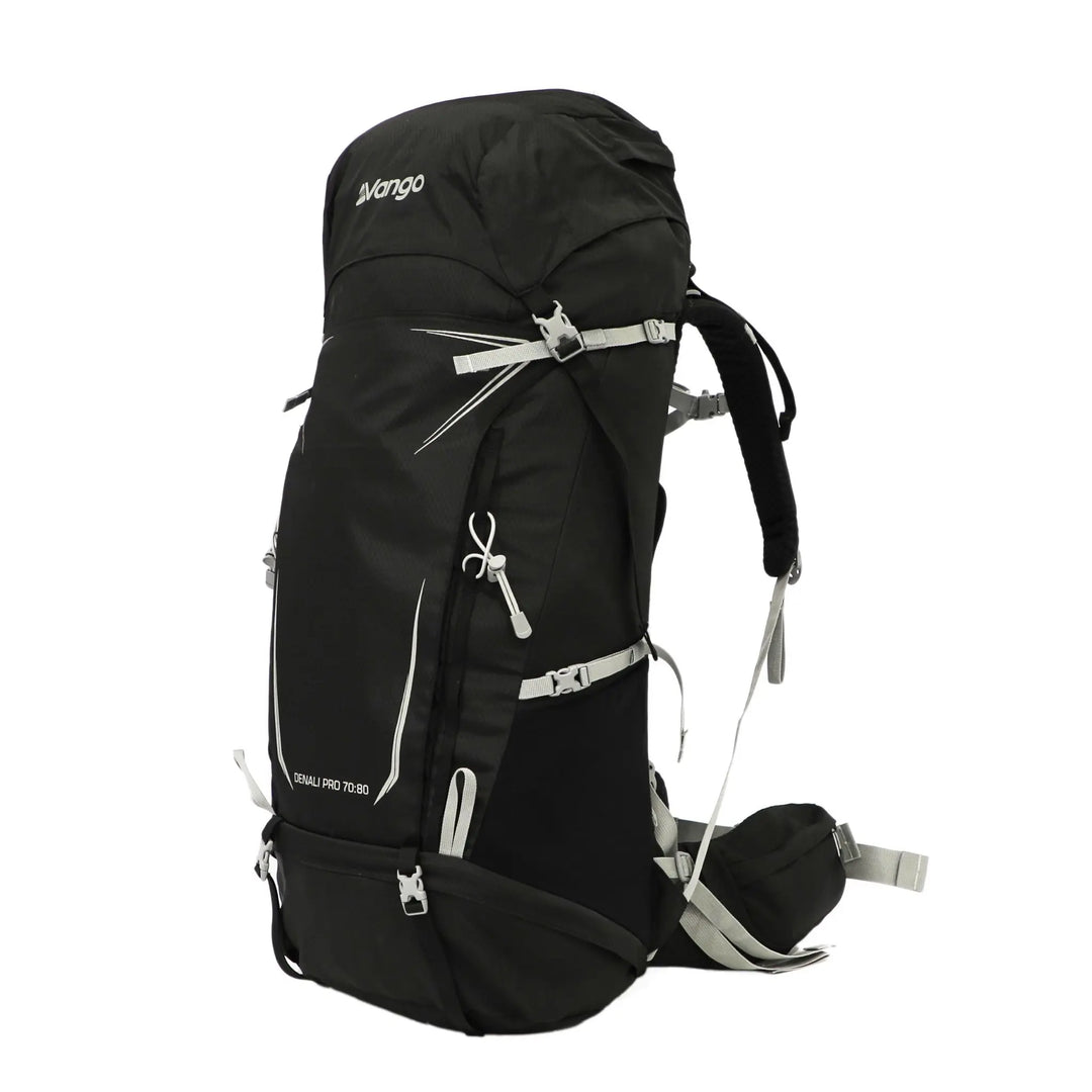 Front view of the Vango Denali Pro 70:80 Rucksack in black, designed for DofE expeditions and hiking.